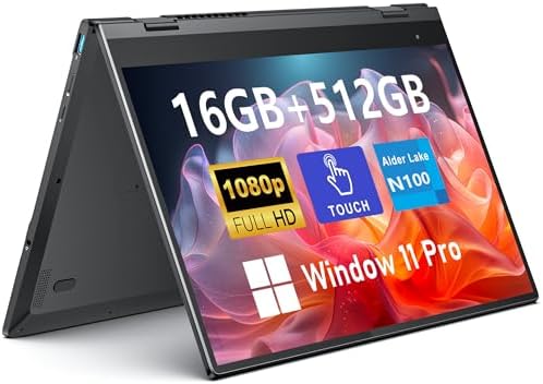 Touchscreen Laptop Computer, 14 Inch 2 in 1 Gaming Laptop, Intel N100, 16GB RAM 512GB SSD, 1920 x 1080, Fingerprint Unlock, Backlit Keyboard, Wi-Fi 6,…