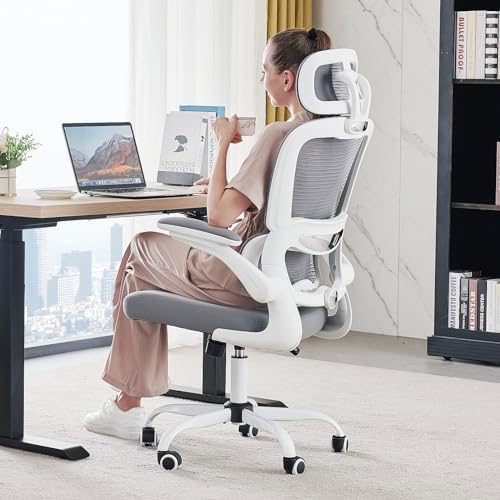 Office Chair Ergonomic Desk Chair, 330 LBS Home Mesh Office Desk Chairs with Wheels, Comfortable Gaming Chair, High Back Office Chair for Long Hours (White)