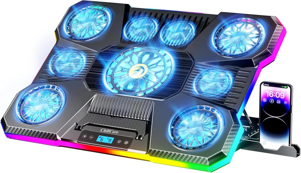 ChillCore Laptop Cooling Pad, RGB Lights Laptop Cooler 9 Fans for 15.6-19.3 Inch Laptops, Gaming Laptop Fan Cooling Pad with 8 Height Stands, 2 USB…